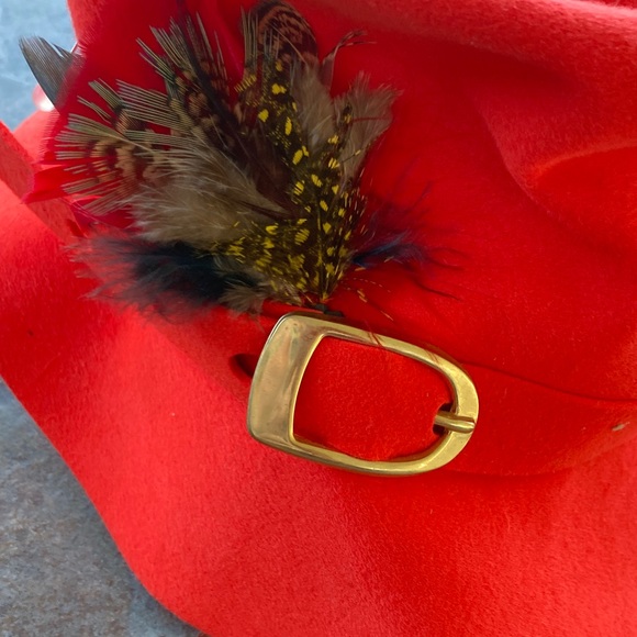 Vintage Adolfo Scarlet Hat with Feather and Gold Buckle - Picture 8 of 8